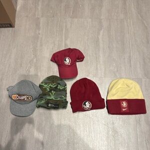 3 beanies and 2 fsu hats